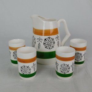 Royal Sealy Japan Tuscan Vintage 1950's Hand Painted Pitcher & 4 Cups Juice Set